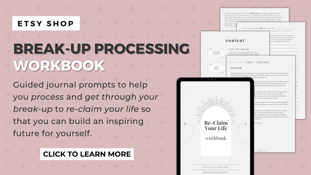 Divorce or break-up processing workbook with guided journal prompts to help you process and overcome your emotions and thoughts so that you can re-claim your life and build a happier and more inspiring future for yourself.